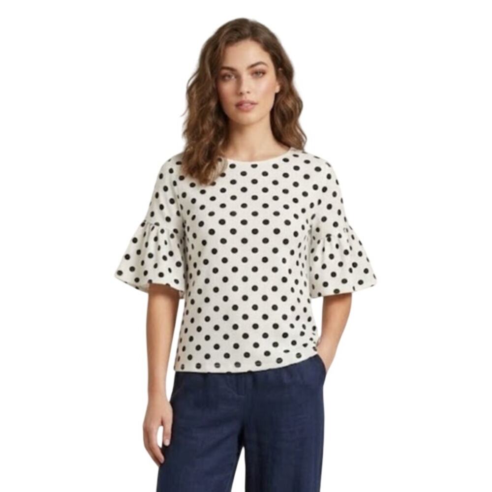 Cable‎ & Gauge Polka Dot Blouse Ruffle Puff Short Sleeve Cream Top Womens M